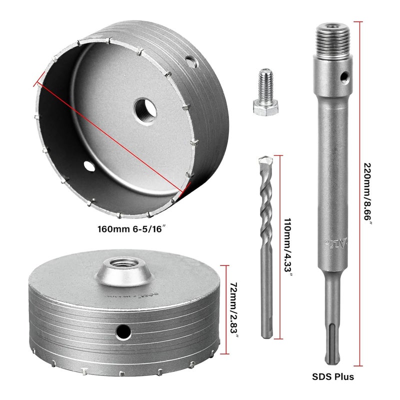 SALI Concrete Hole Saw Kits 6-5/16"（160mm）Tungsten Steel Wall Hole Cutter Drill Bit Sets with 220mm SDS Plus Shank Connecting Rod，110mm Center Positioning Drill Bits for Cinder Block,Brick,Adobe Wall - Image 2